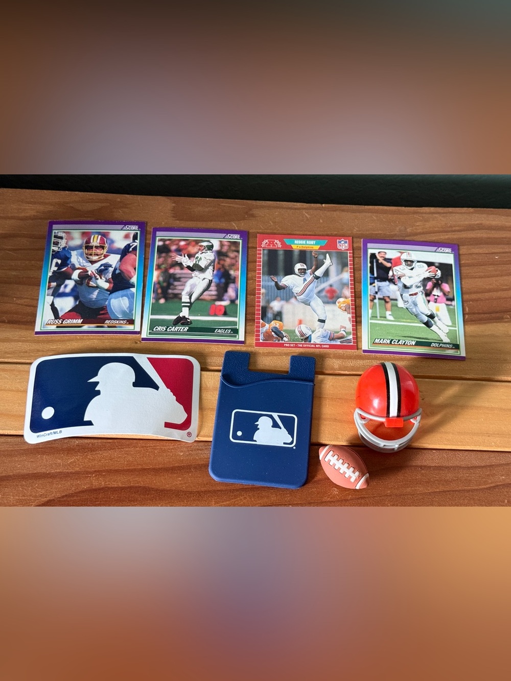 Vintage NFL Card Lot Grimm Carter Roby Clayton + MLB Sticker Mini Helmet Ball
